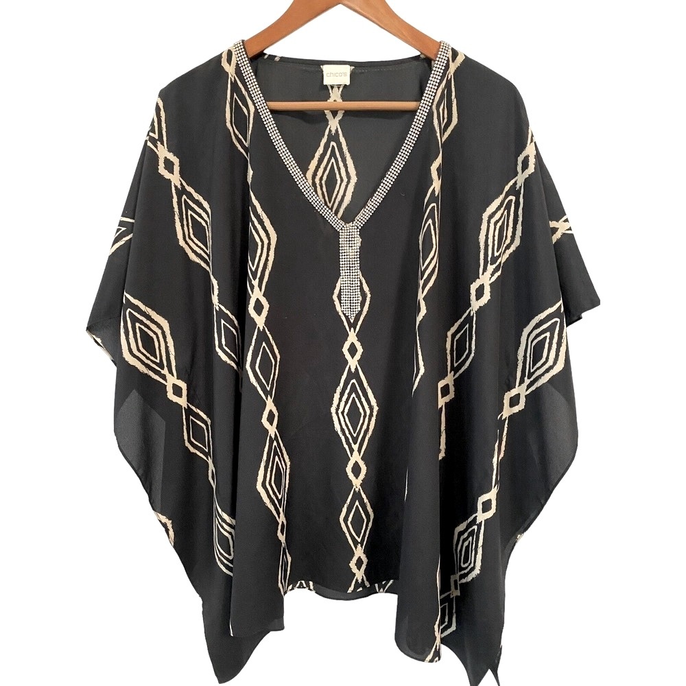 Chicos Size L XL Women’s Poncho V Neck Top Rhinestones Embellished Blouse